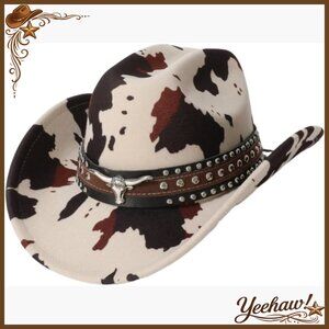 Women's Cowboy Hat with Metal Bull Hatband, Wide Brim Sun Protection